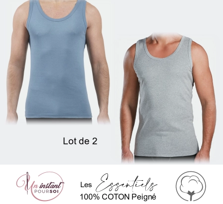 Débardeur Marcel "Les Essentiels" 1 océan + 1 gris chiné