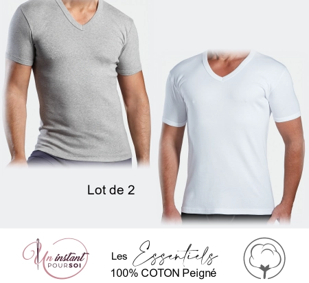 T-Shirt V "Les Essentiels" 1 blanc + 1 gris chiné